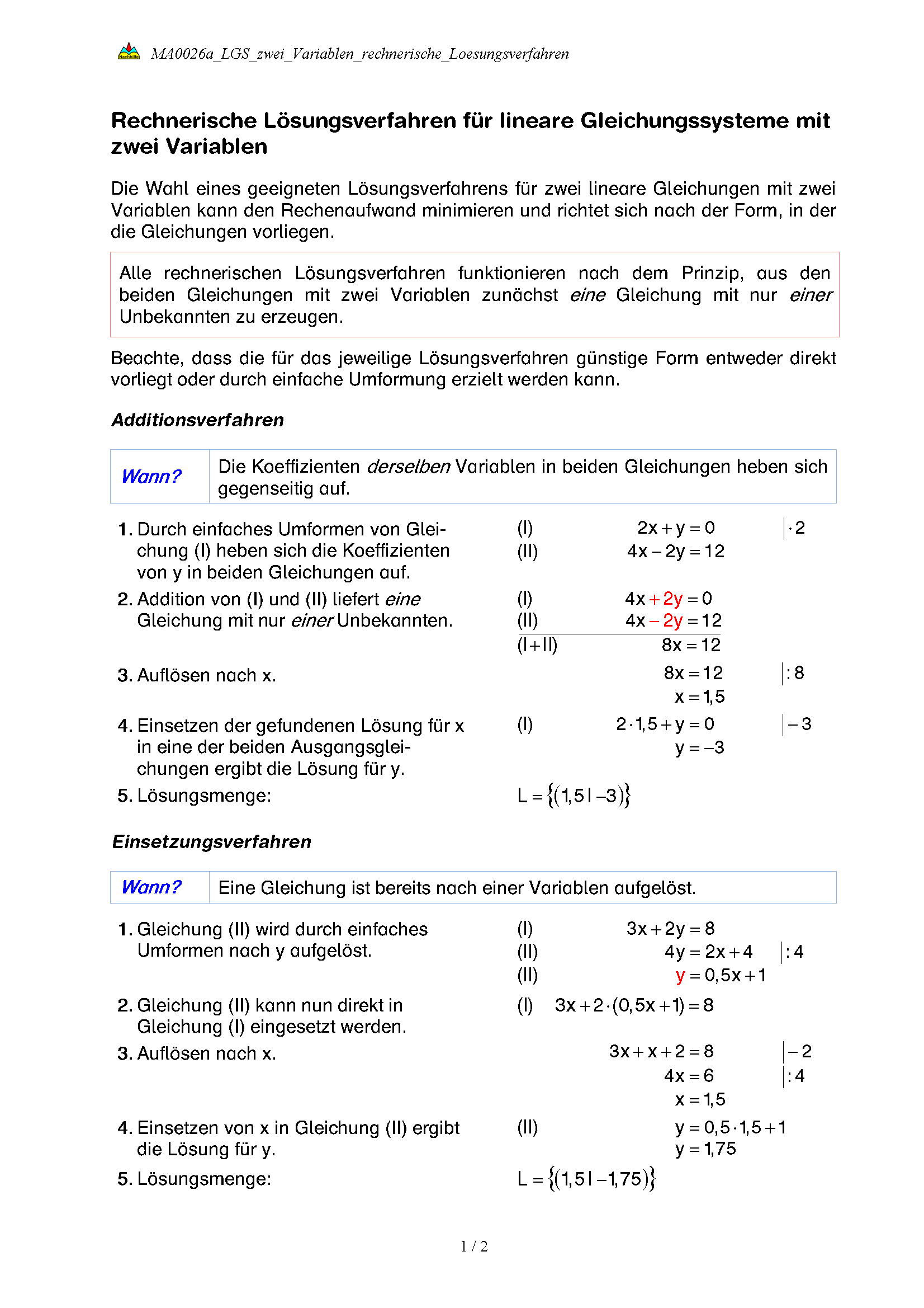 Rechnerische Lsungsverfahren fr lineare Gleichungssysteme mit zwei Variablen